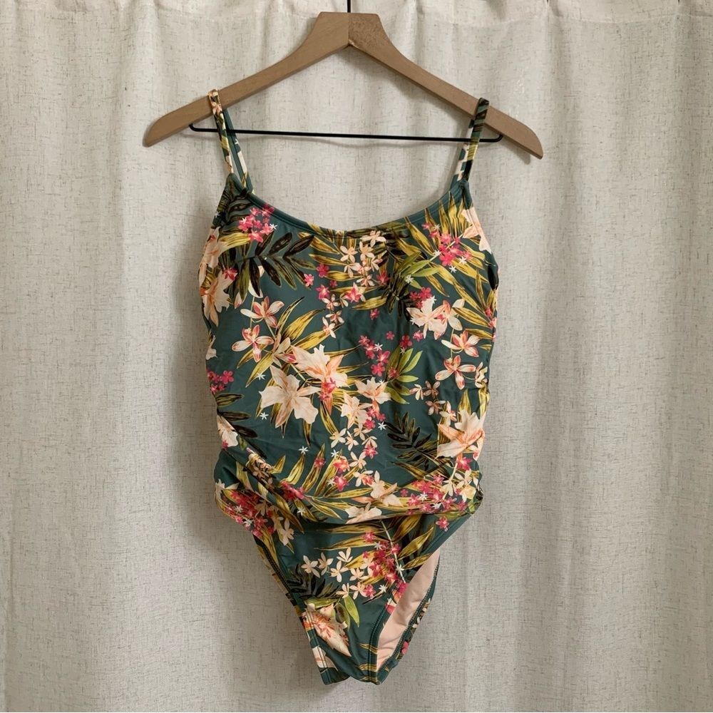 Kona Sol Multi Colored Floral Gathered Waist Medium Seat Coverage One Piece Suit